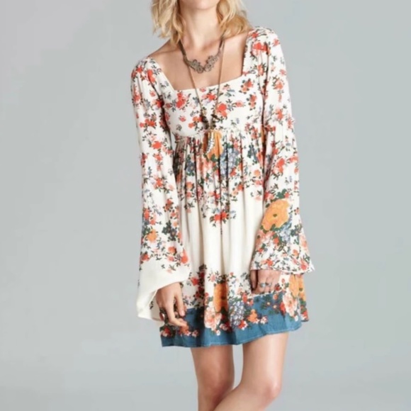 Dresses & Skirts - Boho Orange Floral Print Wide Sleeve Smocked Dress